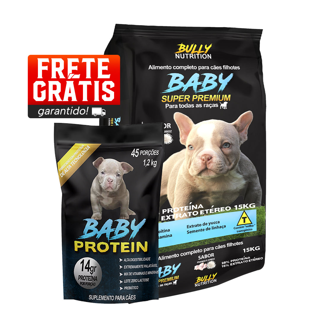 Ração Baby Super Premium + Suplemento Bully Baby Protein 1,2Kg Cachorro Forte + Ganhe um Moringa Dog 60