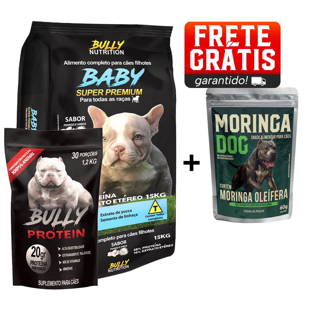 Ração Baby Super Premium + Suplemento Bully Protein 1,2Kg Cachorro Forte + Ganhe Moringa Dog 60g