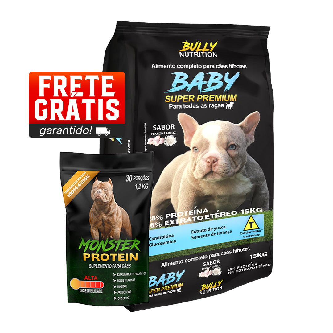Ração Baby Super Premium + Suplemento Bully Monster 1,2Kg Cachorro Forte + Ganhe Moringa Dog 60g