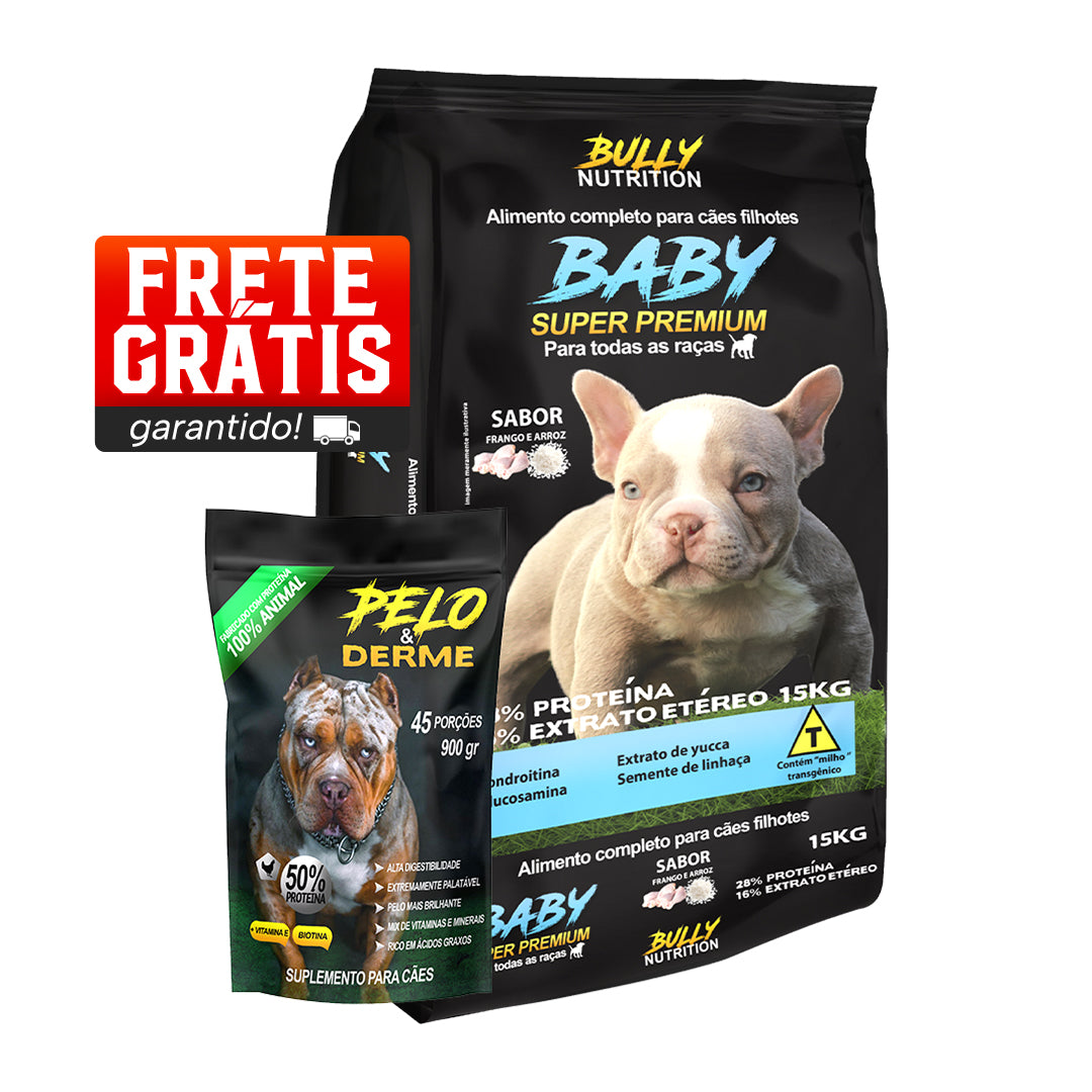 Ração Baby Super Premium + Suplemento Bully Pelo & Derme 900g Cachorro Forte