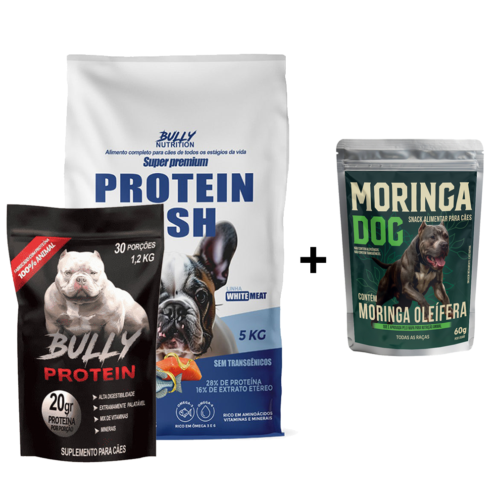 Ração Protein Fish Raças Pequenas + Suplemento Bully Protein 1,2Kg Cachorro Forte + Ganhe um Moringa Dog 60g