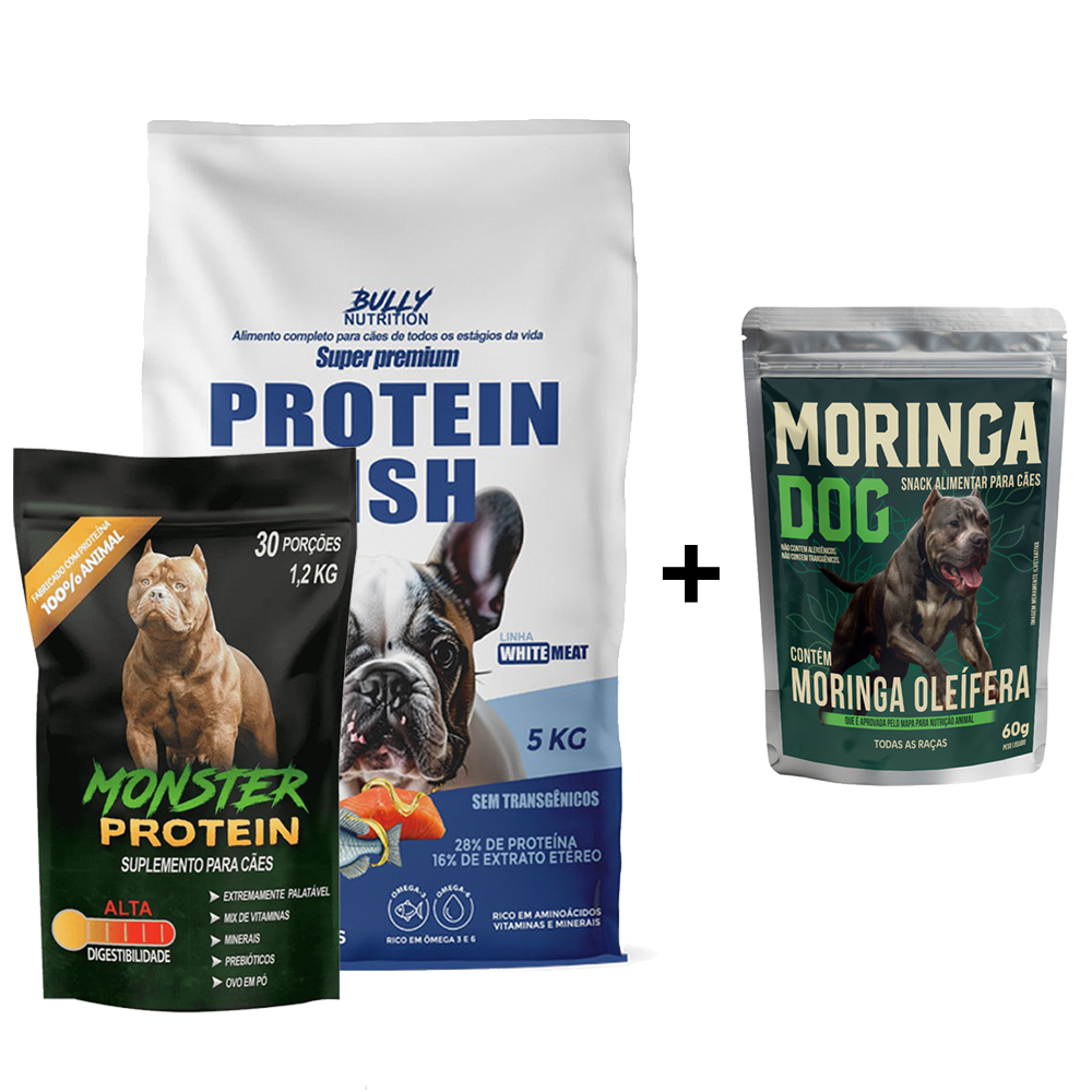 Ração Protein Fish Raças Pequenas + Suplemento Bully Monster 1,2Kg Cachorro Forte + Ganhe um Moringa Dog 60g