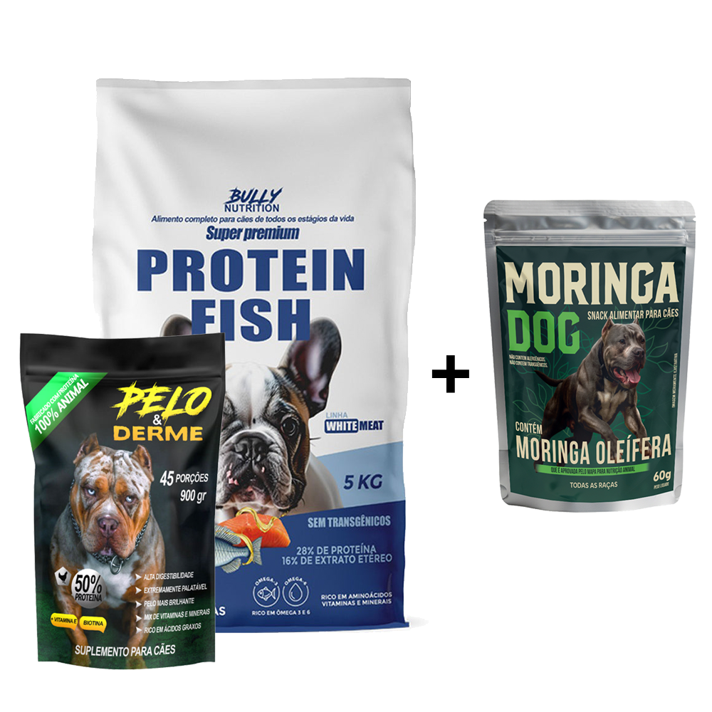 Ração Protein Fish Raças Pequenas + Suplemento Bully Pelo & Derme 900g Cachorro Forte + Ganhe um Moringa Dog 60g