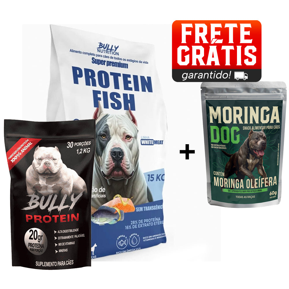 Ração Protein Fish + Suplemento Bully Protein 1,2kg Cachorro Forte Envio Imediato + Ganhe Moringa Dog 60g