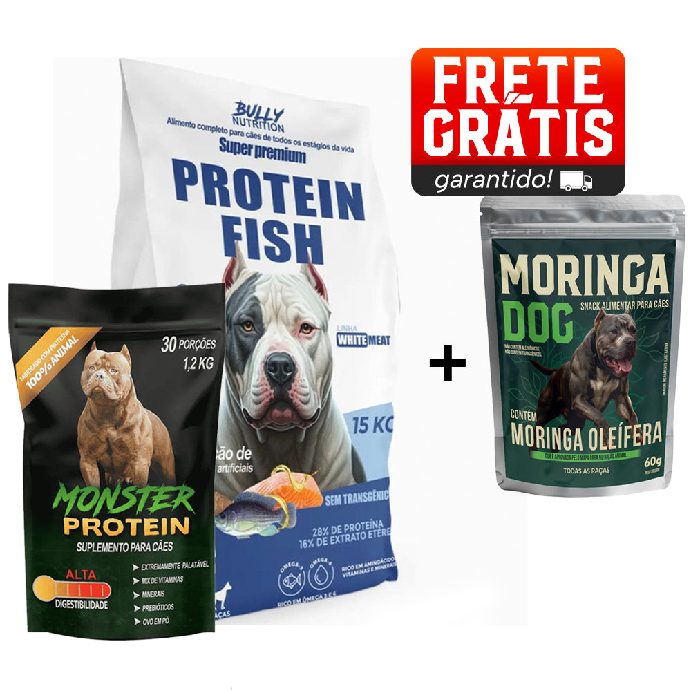 Ração Protein Fish + Suplemento Bully Monster 1,2kg Cachorro Forte + Ganhe um Moringa Dog 60g