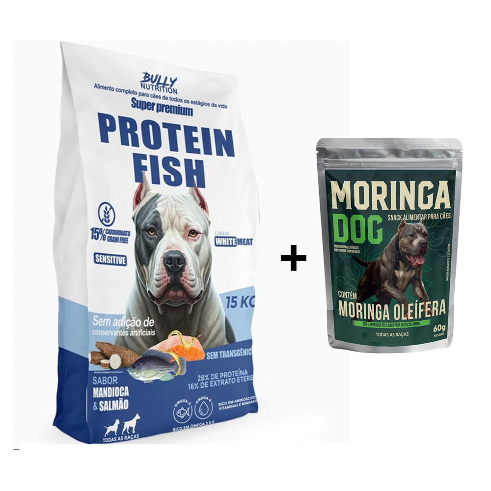 Ração Premium Para Cachorros 15kg Fish Protein White Meat Cachorro Forte + Ganhe Moringa Dog 60g