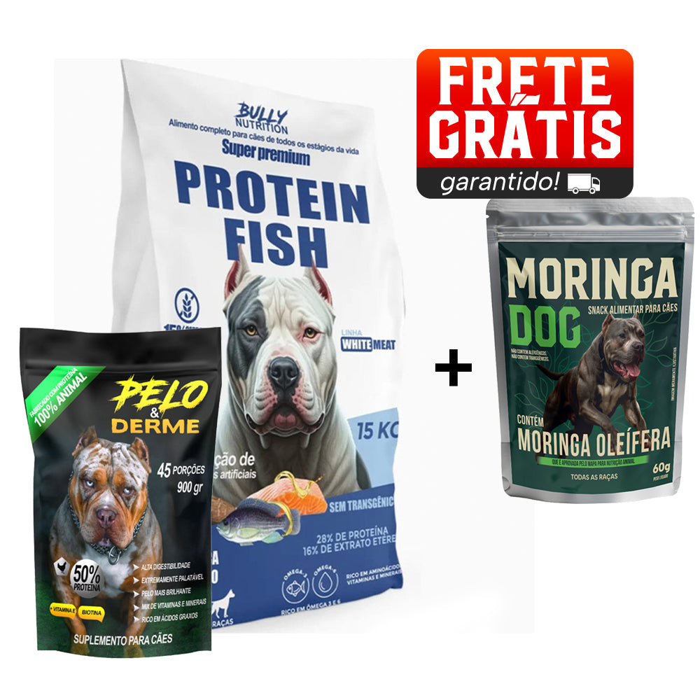 Ração Protein Fish + Suplemento Bully Pelo & Derme 900g Cachorro Forte Envio Imediato + Ganhe Moringa Dog 60g