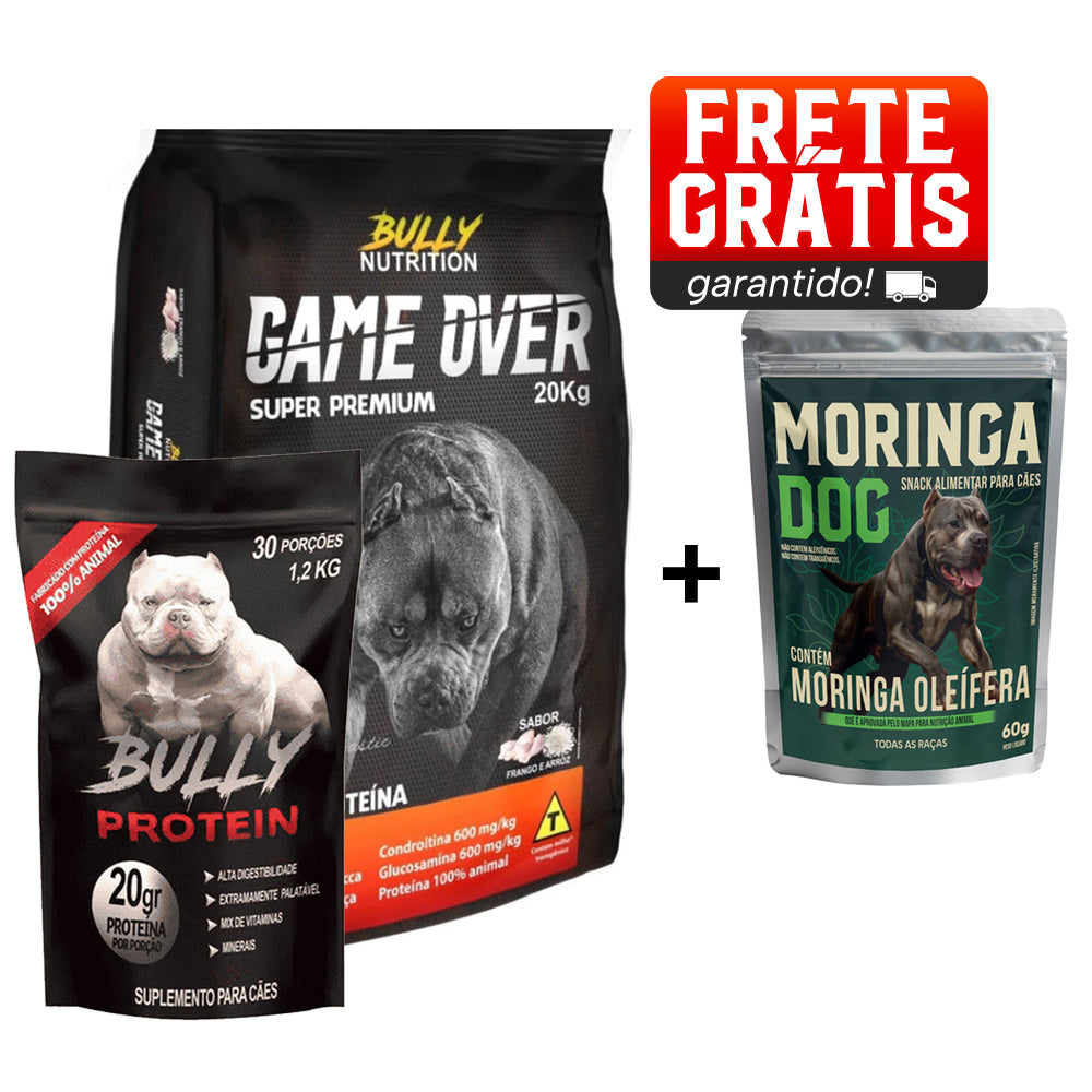 Ração Game Over + Suplemento Bully Protein 1,2 Kg Cachorro Forte + Ganhe Moringa Dog 60g