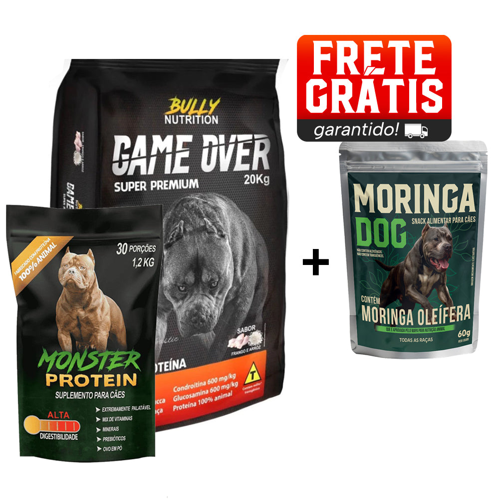 Ração Game Over + Suplemento Bully Monster 1,2Kg Cachorro Forte + Ganhe um Moringa Dog 60g
