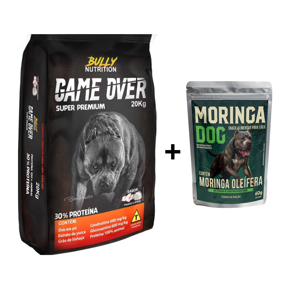 Ração Alimentar Para Cães Game Over Ganho de Massa Muscular 20Kg Cachorro Forte + Ganhe Moringa Dog 60g