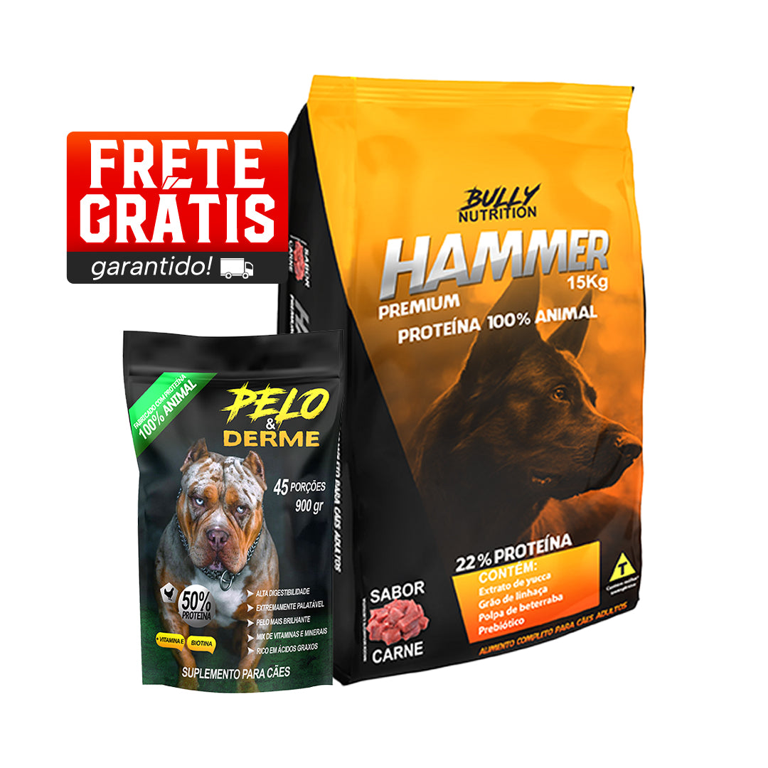 Ração Hammer Premium + Suplemento Bully Pelo & Derme 900g Cachorro Forte + Ganhe Moringa Dog 60g