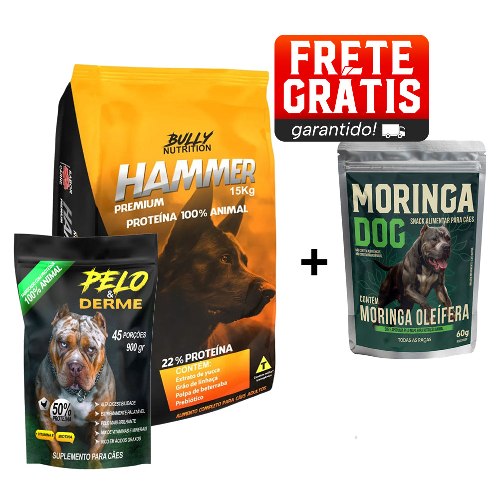 Ração Hammer Premium + Suplemento Bully Pelo & Derme 900g Cachorro Forte + Ganhe Moringa Dog 60g