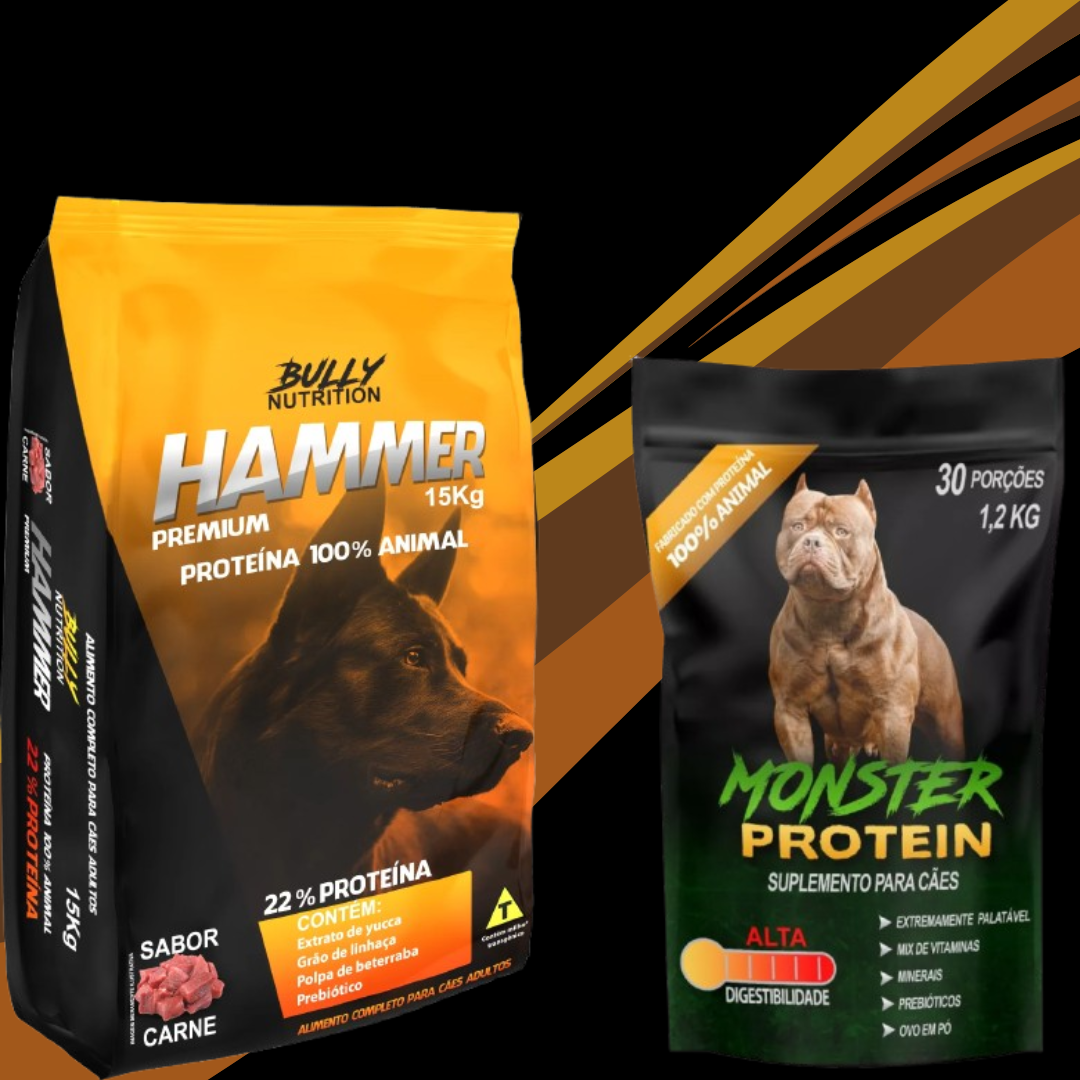 Ração Hammer Premium + Suplemento Bully Monster 1,2 Kg Cachorro Forte + Ganhe Moringa Dog 60g