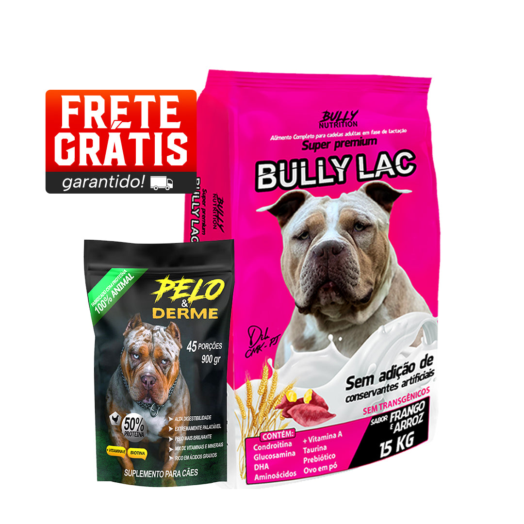 Ração Bully Lac + Suplemento Bully Pelo & Derme 900g Cachorro Forte + Ganhe Moringa Dog 60g