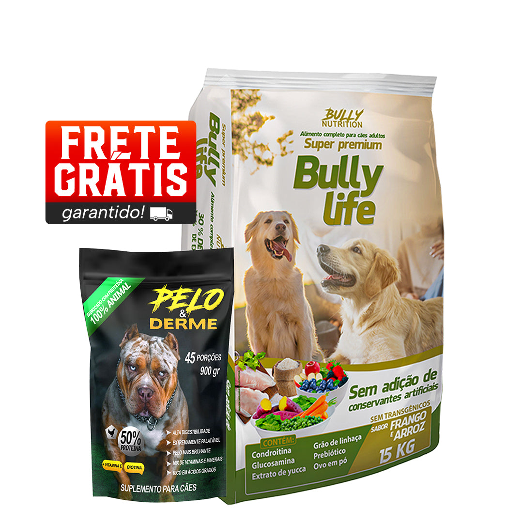 Ração Bully Life + Suplemento Bully Pelo & Derme 900g Cachorro Forte + Ganhe Moringa Dog 60g