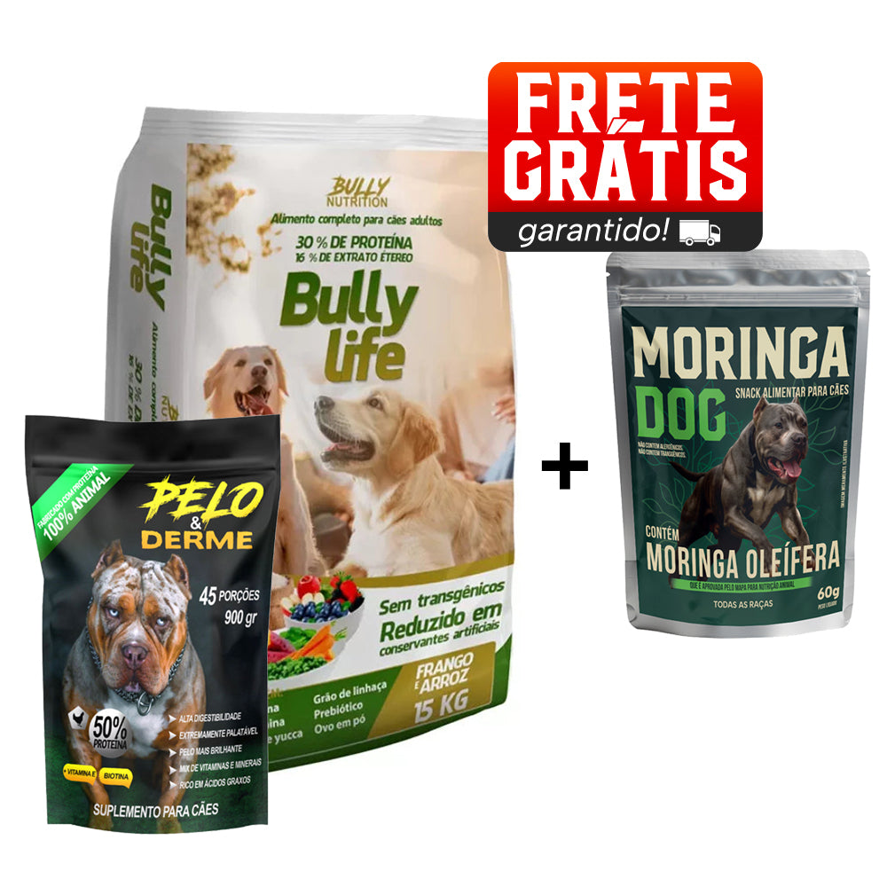 Ração Bully Life + Suplemento Bully Pelo & Derme 900g Cachorro Forte + Ganhe Moringa Dog 60g