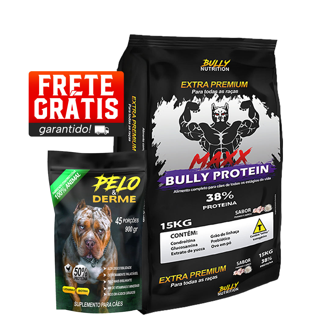 Ração Maxx Bully Protein + Suplemento Bully Pelo & Derme 900g Cachorro Forte