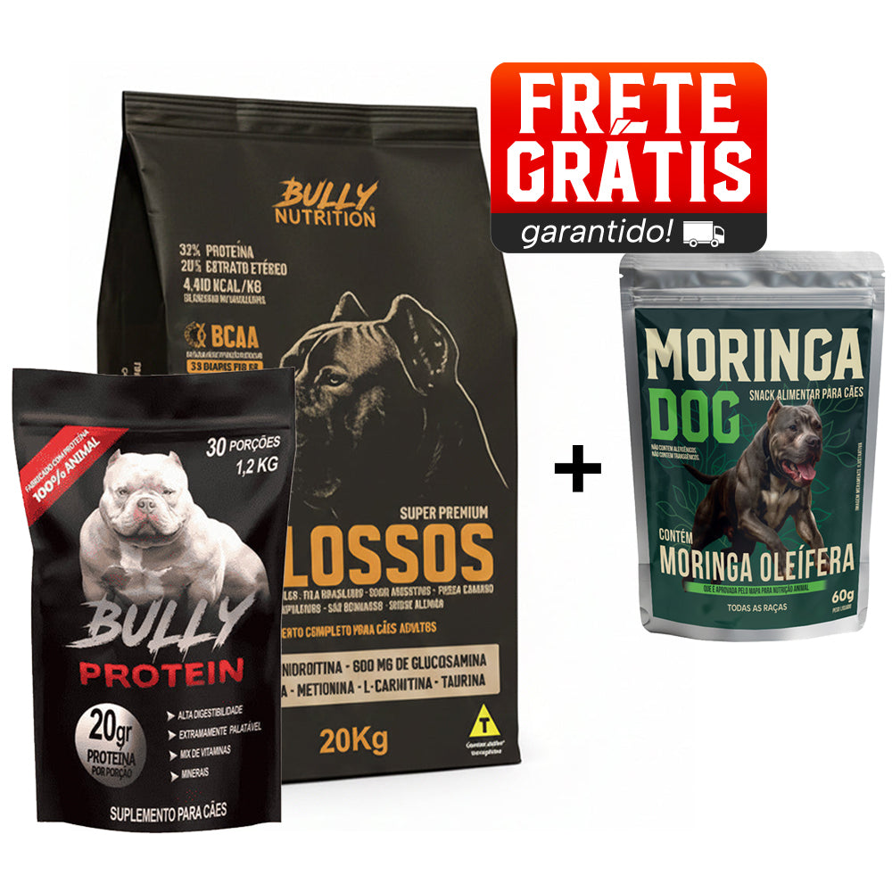 Ração Molossos 20kg + Suplemento Bully Protein 1,2Kg + Ganhe um Moringa Dog 60g