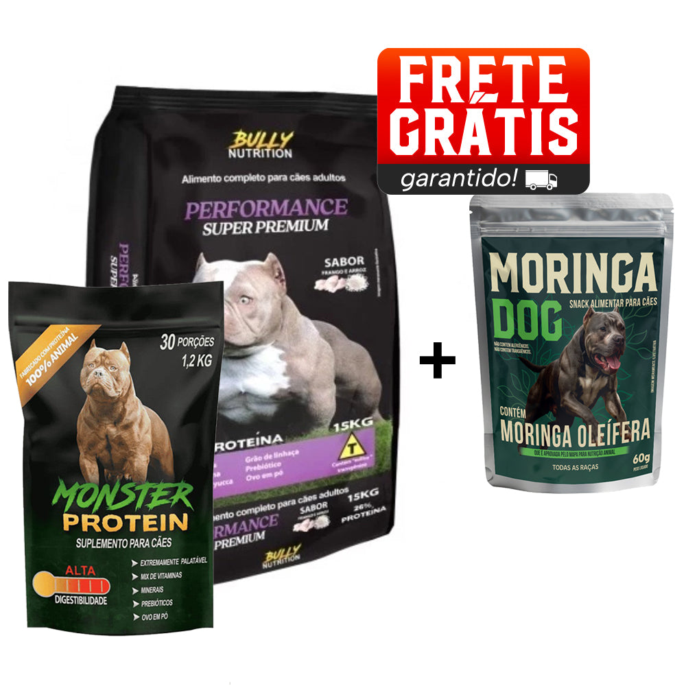 Ração Performance Super Premium + Suplemento Bully Monster 1,2 Kg Cachorro Forte + Ganhe Moringa Dog 60g