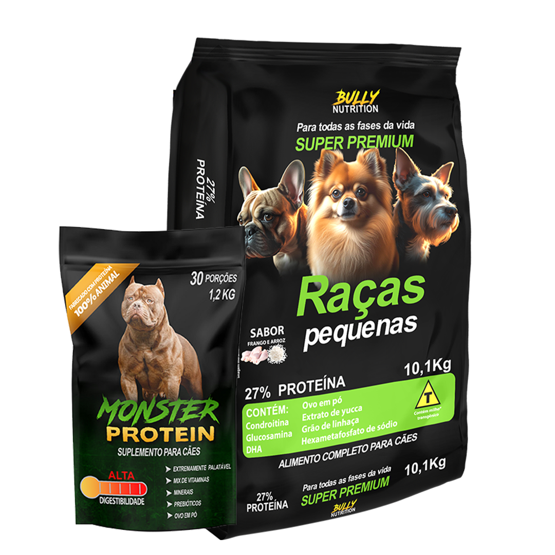 Ração Raças Pequenas + Suplemento Bully Monster 1.2 Kg Cachorro Forte Ração Raças Pequenas + Suplemento Bully Pelo & Derme 900g Cachorro Forte - Assinatura
