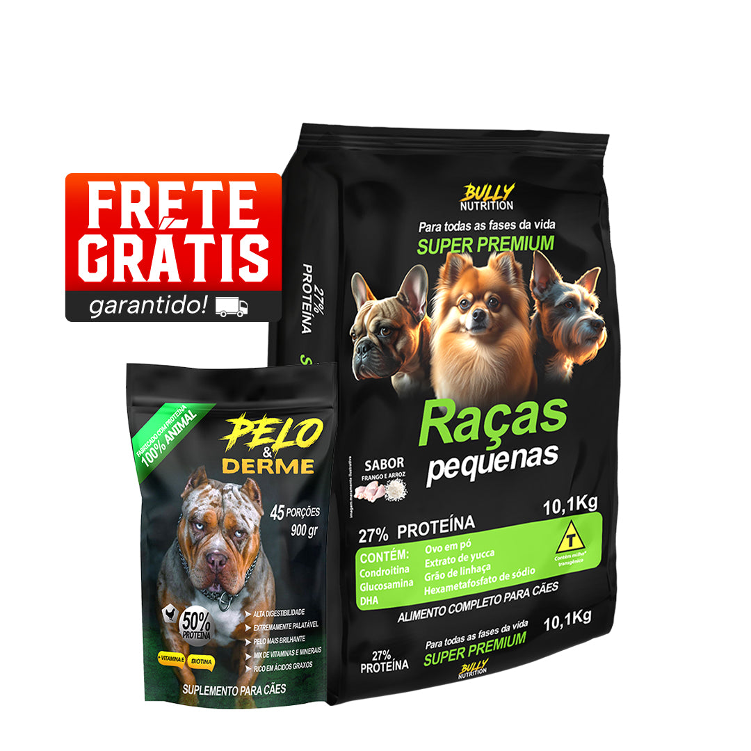 Ração Raças Pequenas + Suplemento Bully Pelo & Derme 900g Cachorro Forte + Ganhe Moringa Dog 60g