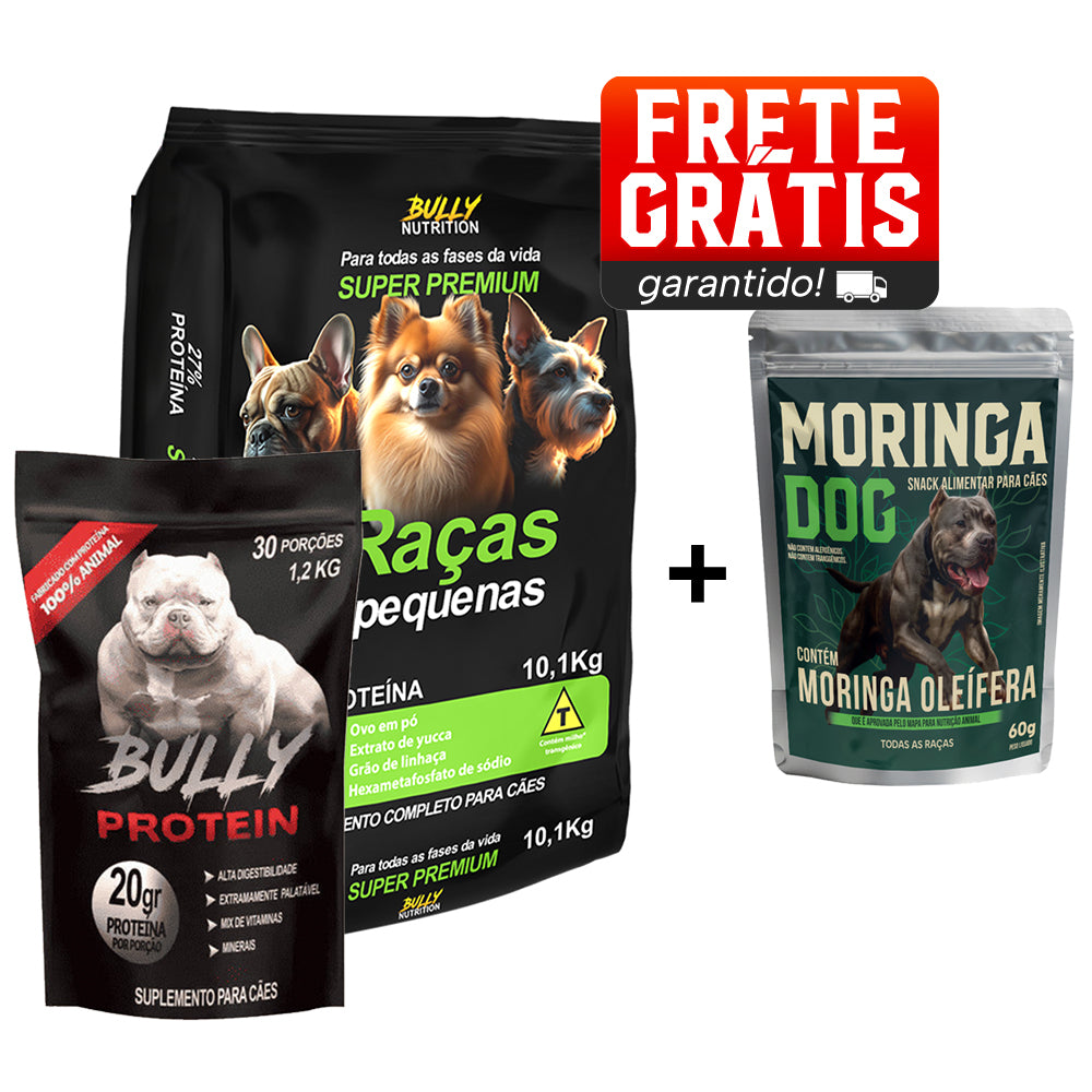 Ração Raças Pequenas + Suplemento Bully Protein 1,2kg Cachorro Forte + Ganhe um Moringa Dog 60g