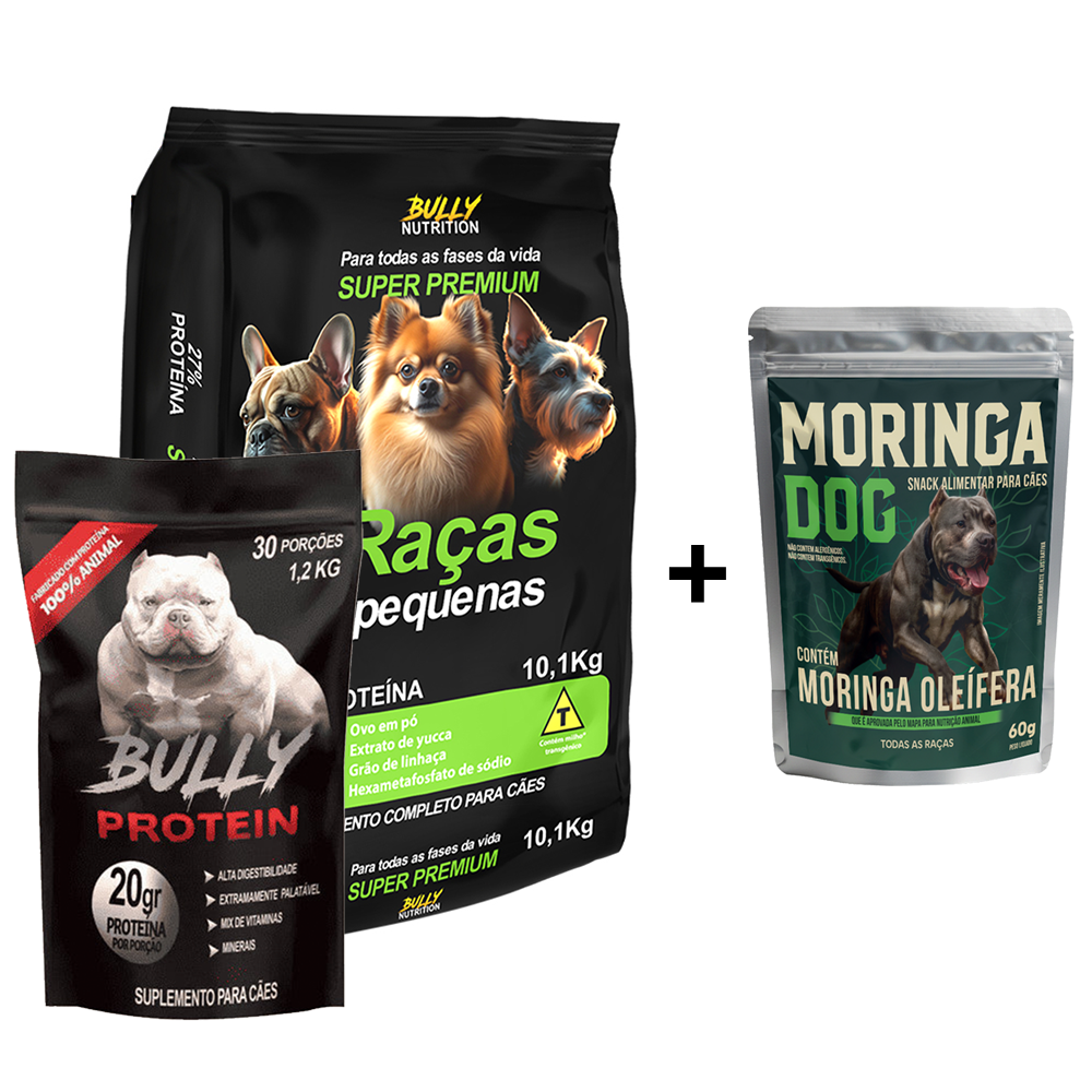 Ração Raças Pequenas + Suplemento Bully Protein 1,2kg Cachorro Forte + Ganhe um Moringa Dog 60g
