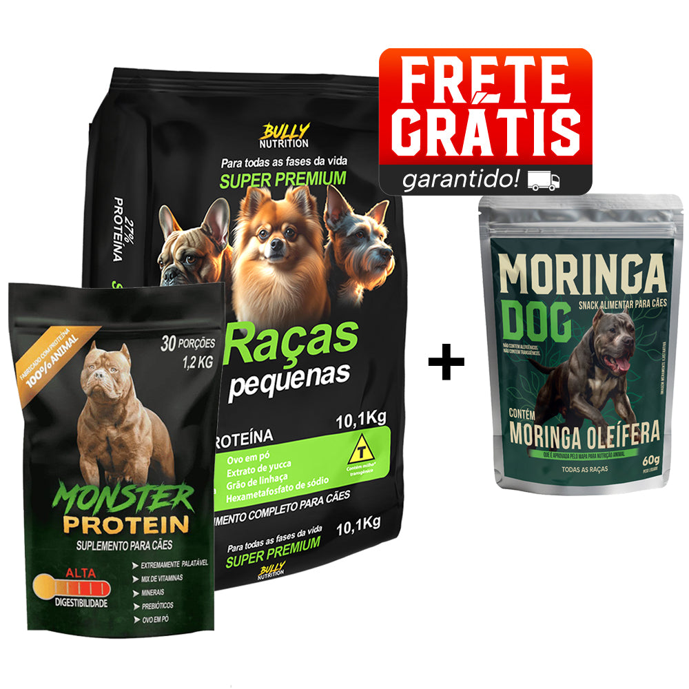 Ração Raças Pequenas + Suplemento Bully Monster 1.2 Kg Cachorro Forte + Ganhe Moringa Dog 60g