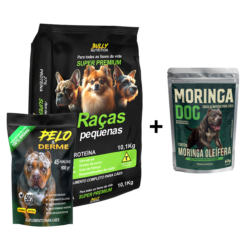 Ração Raças Pequenas + Suplemento Bully Pelo & Derme 900g Cachorro Forte + Ganhe um Moringa Dog 60g