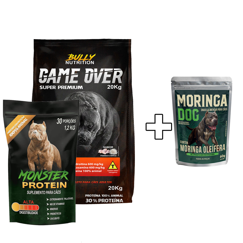Ração Game Over + Suplemento Bully Monster 1,2Kg Cachorro Forte + Ganhe um Moringa Dog 60g