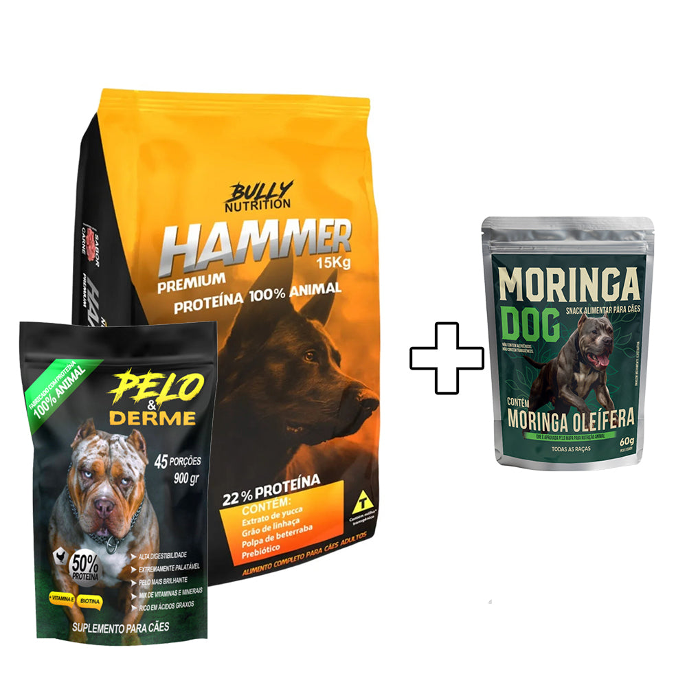 Ração Hammer Premium + Suplemento Bully Pelo & Derme 900g Cachorro Forte + Ganhe um Moringa Dog 60g
