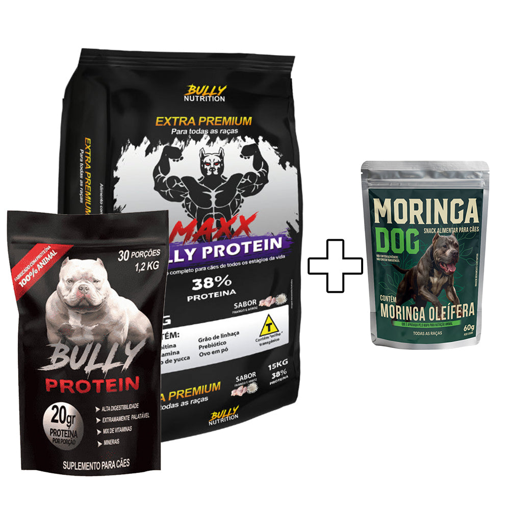 Ração Maxx Bully Protein + Suplemento Bully Protein 1,2Kg Cachorro Forte + Ganhe um Moringa Dog 60g