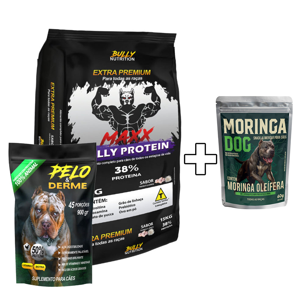 Ração Maxx Bully Protein + Suplemento Bully Pelo & Derme 900g Cachorro Forte + Ganhe um Moringa Dog 60g