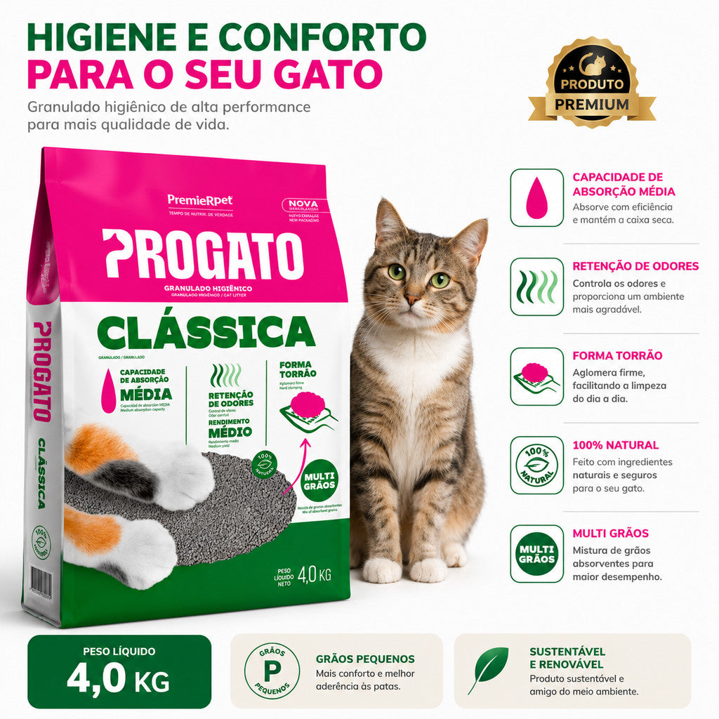 Areia Higiênica ProGatos Clássica Grãos Médios 4Kg