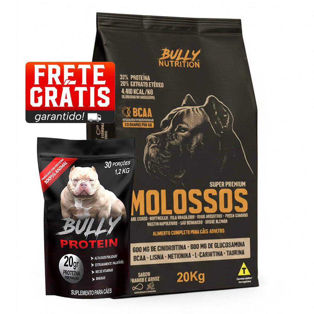 Ração Molossos 20kg + Suplemento Bully Protein 1,2Kg + Ganhe um Moringa Dog 60g
