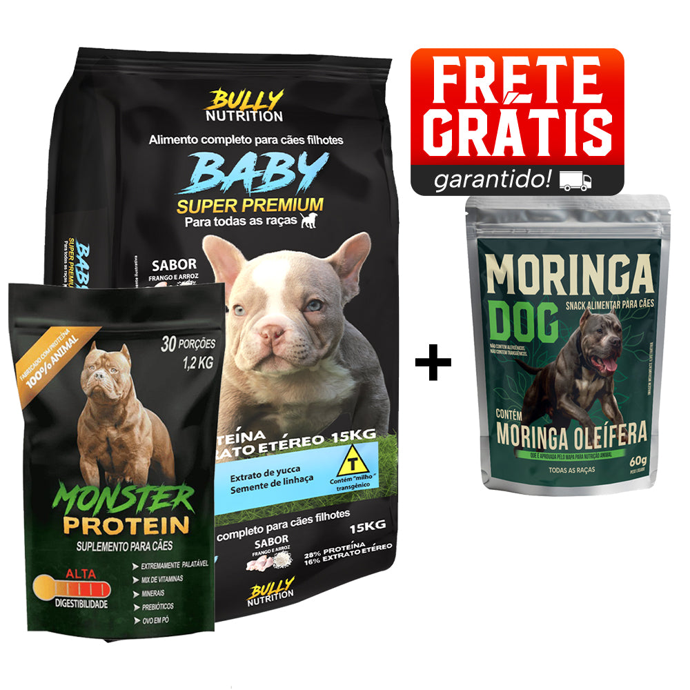 Ração Baby Super Premium + Suplemento Bully Monster 1,2Kg Cachorro Forte + Ganhe Moringa Dog 60g