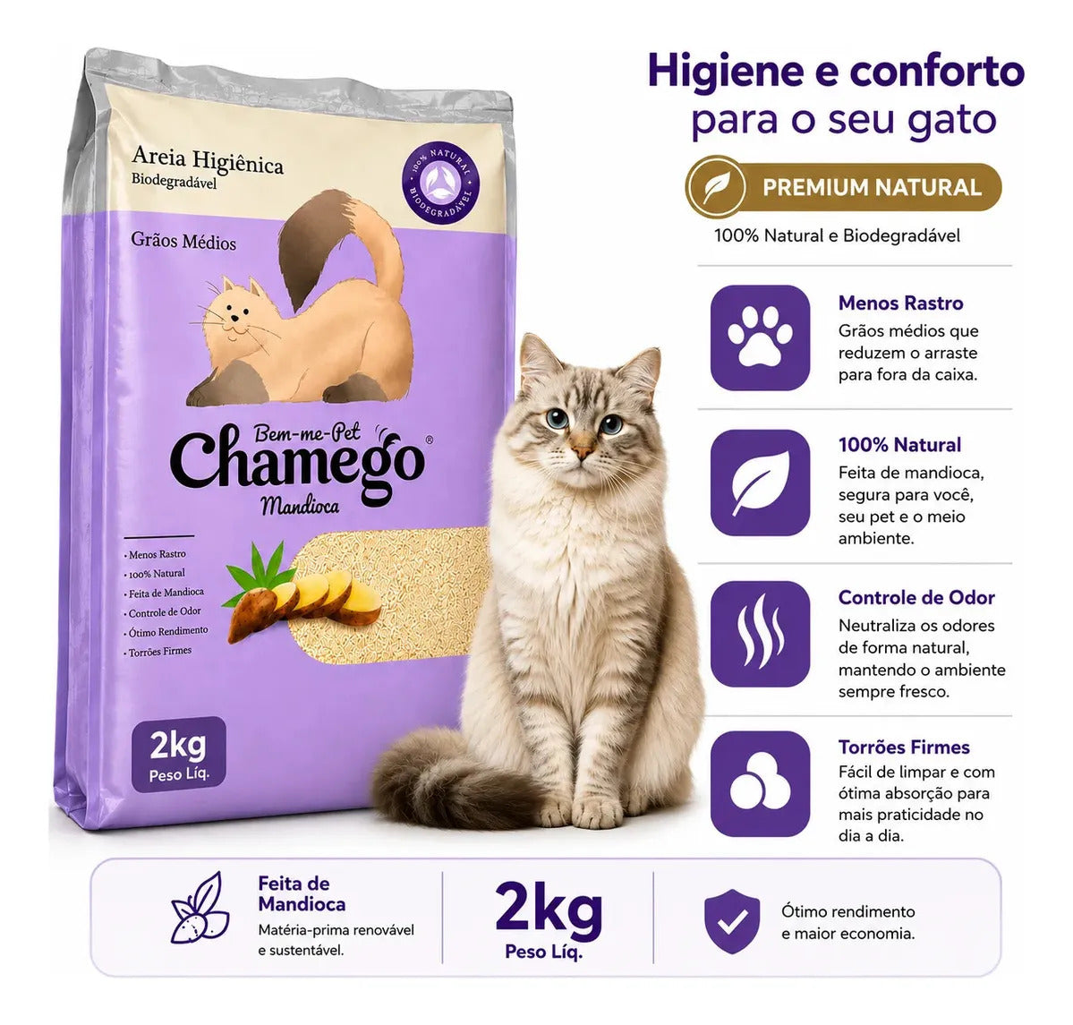 Areia Higiênica Bem-me-Pet Para Gatos Grãos Médios Mandioca 2kg