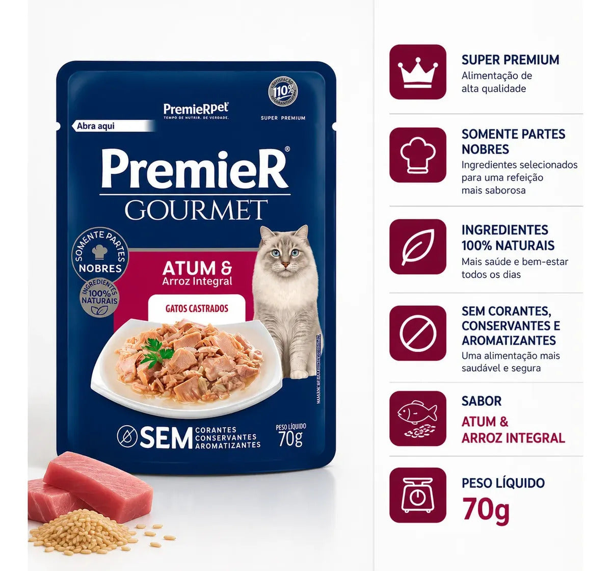 Premier Gourmet Para Gatos Adultos Castrados Atum 70g
