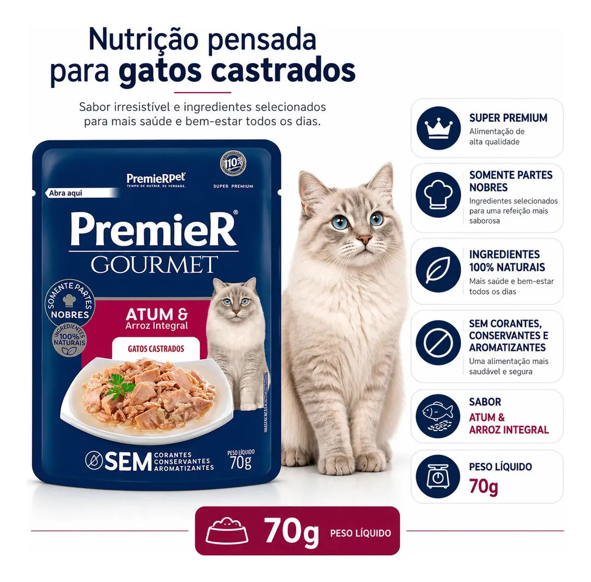 Premier Gourmet Para Gatos Adultos Castrados Atum 70g