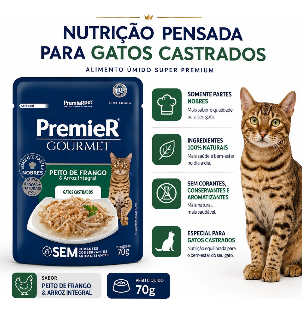Premier Gourmet Para Gatos Adultos Castrados Frango 70g