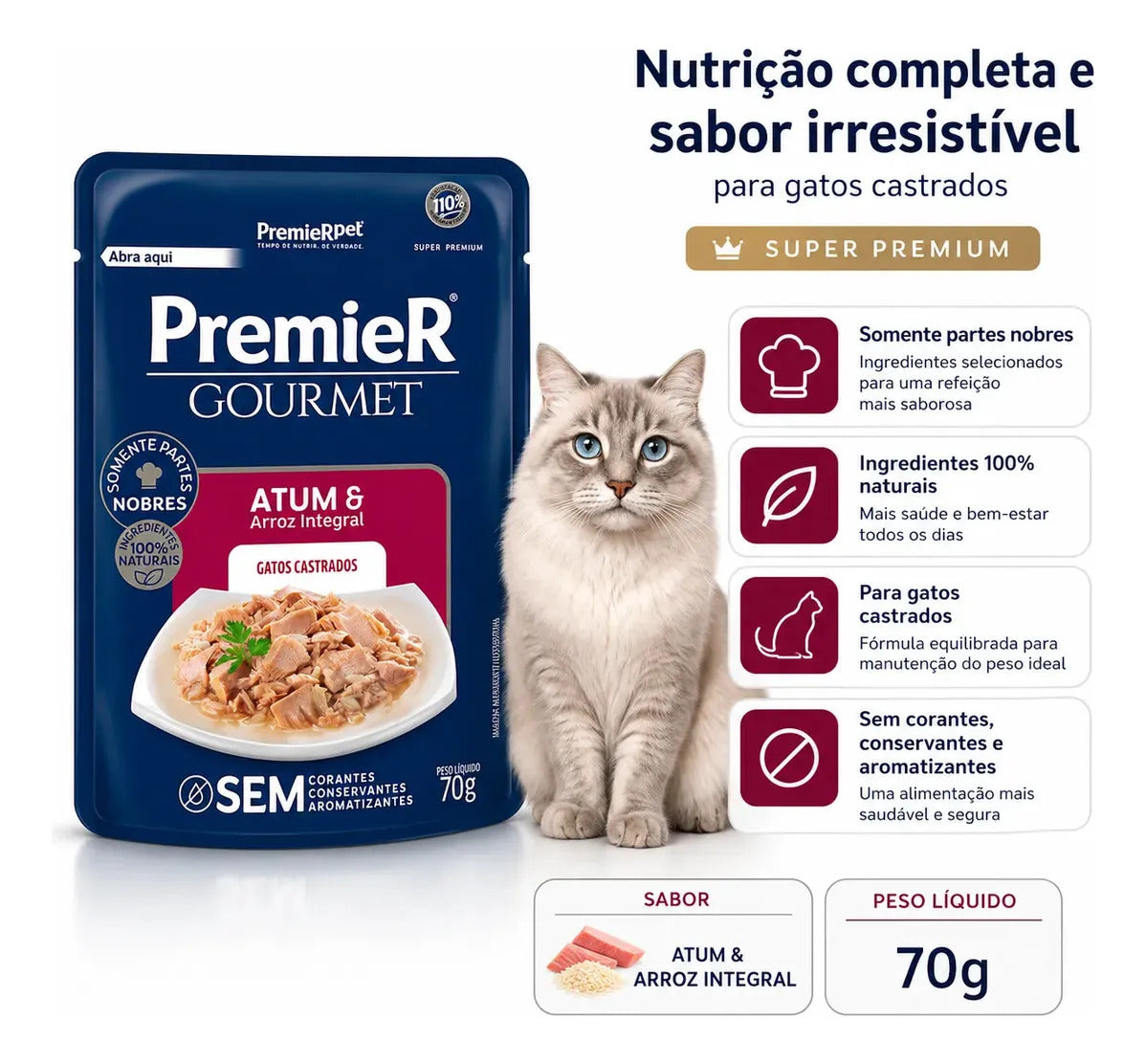 Premier Gourmet Para Gatos Adultos Castrados Atum 70g