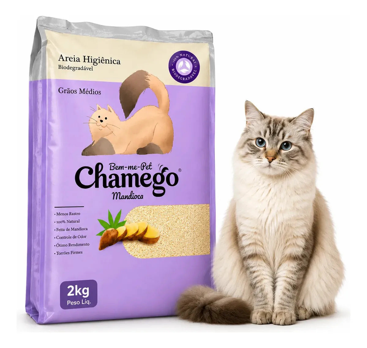 Areia Higiênica Bem-me-Pet Para Gatos Grãos Médios Mandioca 2kg