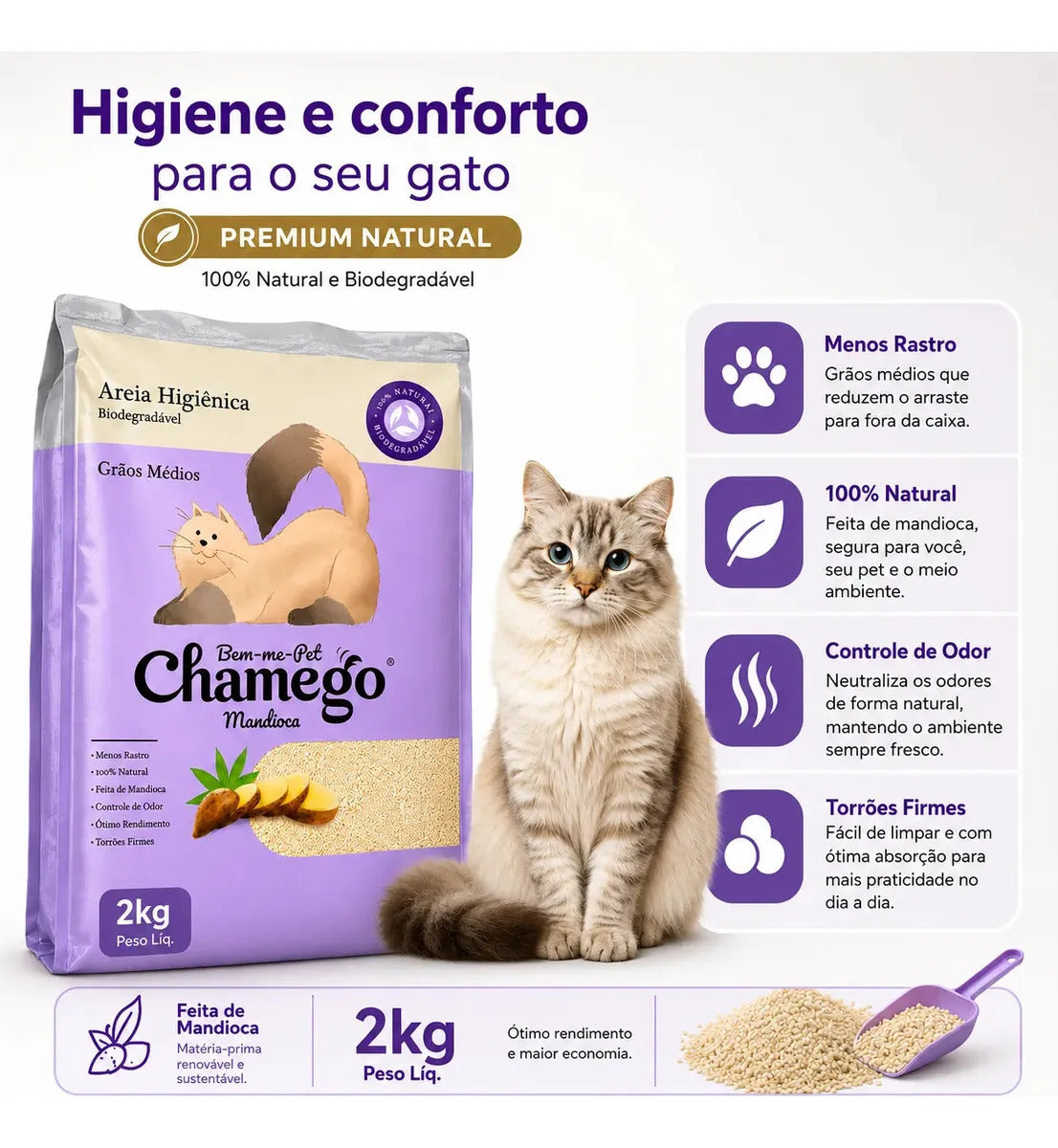 Areia Higiênica Bem-me-Pet Para Gatos Grãos Médios Mandioca 2kg