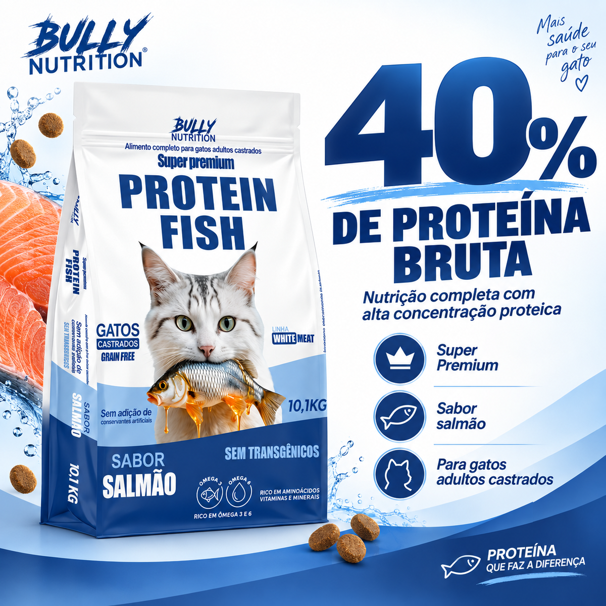 Ração Bully Nutrition Protein Fish Gatos Castrados 10,1kg