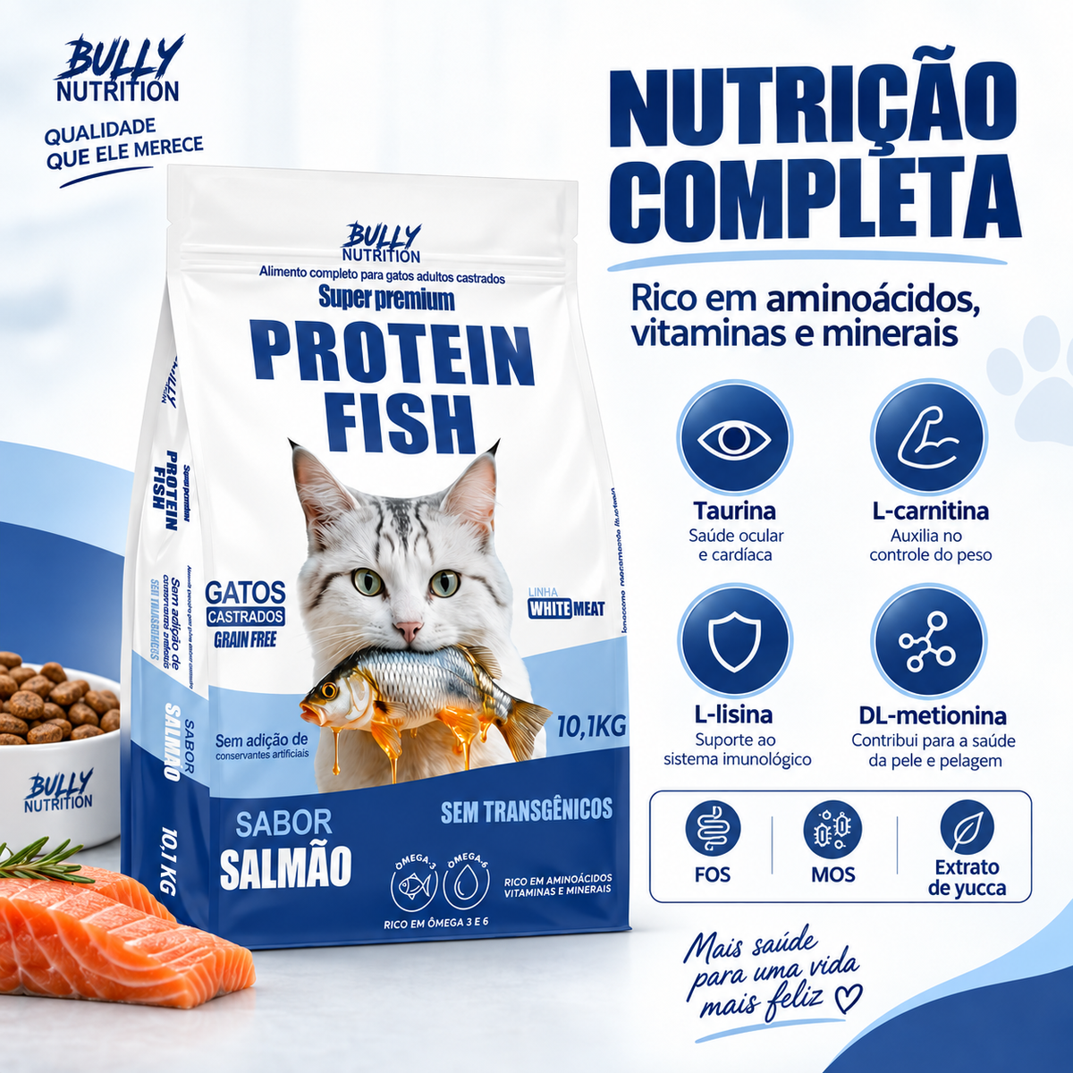 Ração Bully Nutrition Protein Fish Gatos Castrados 10,1kg