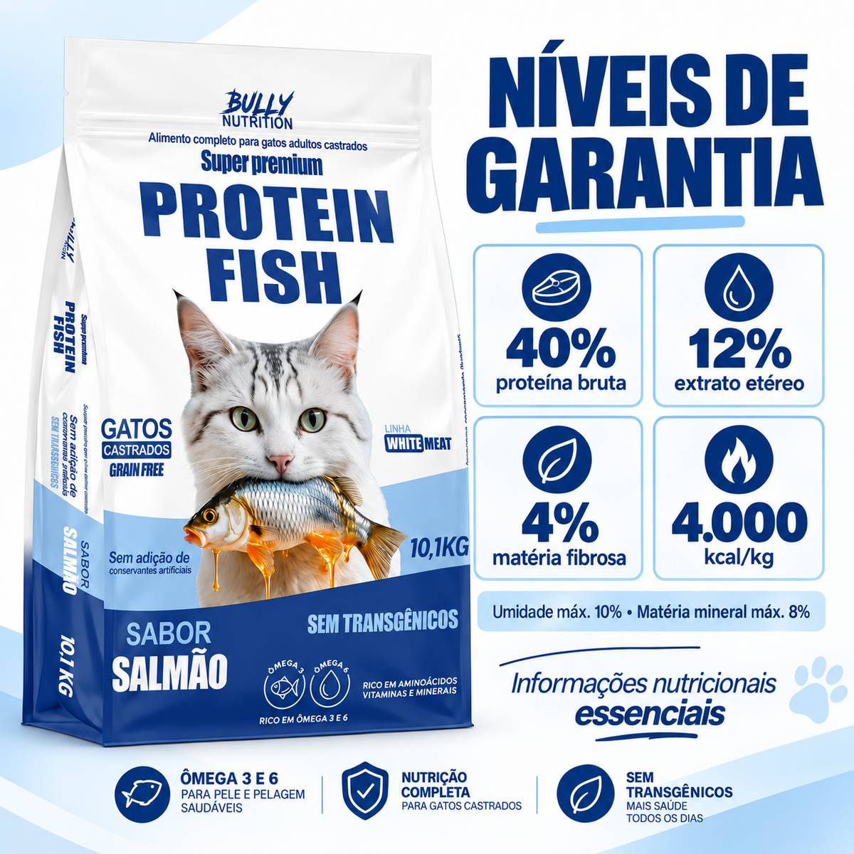 Ração Bully Nutrition Protein Fish Gatos Castrados 10,1kg