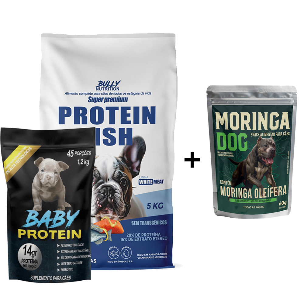 Ração Protein Fish Raças Pequenas + Suplemento Bully Baby Protein 1,2Kg Cachorro Forte + Ganhe um Moringa Dog 60g
