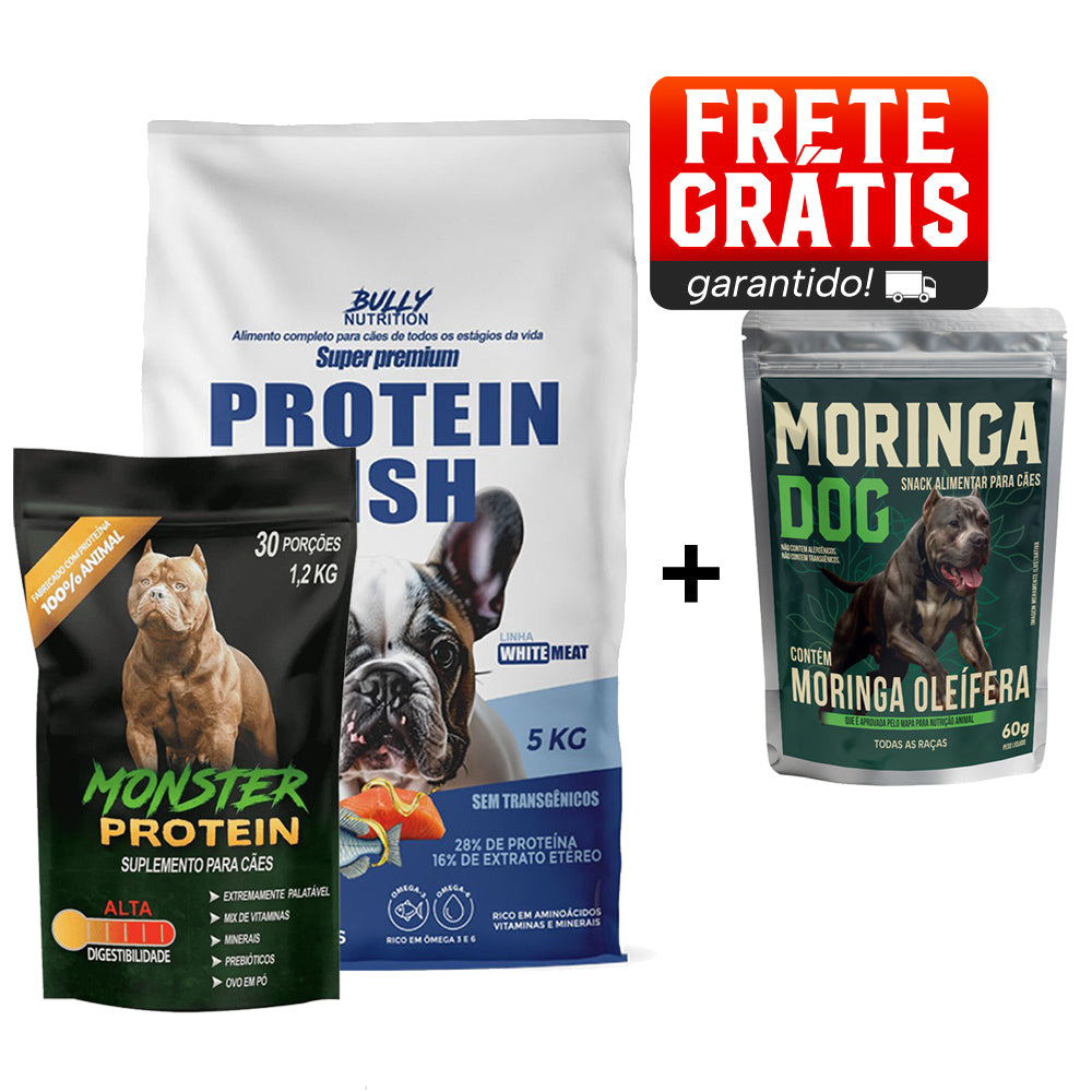 Ração Protein Fish Raças Pequenas + Suplemento Bully Monster 1,2Kg Cachorro Forte Envio Imediato + Ganhe Moringa Dog 60g
