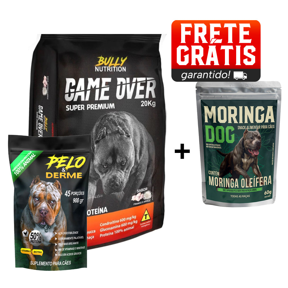 Ração Game Over + Suplemento Pelo & Derme 900g Cachorro Forte + Ganhe Moringa Dog 60g