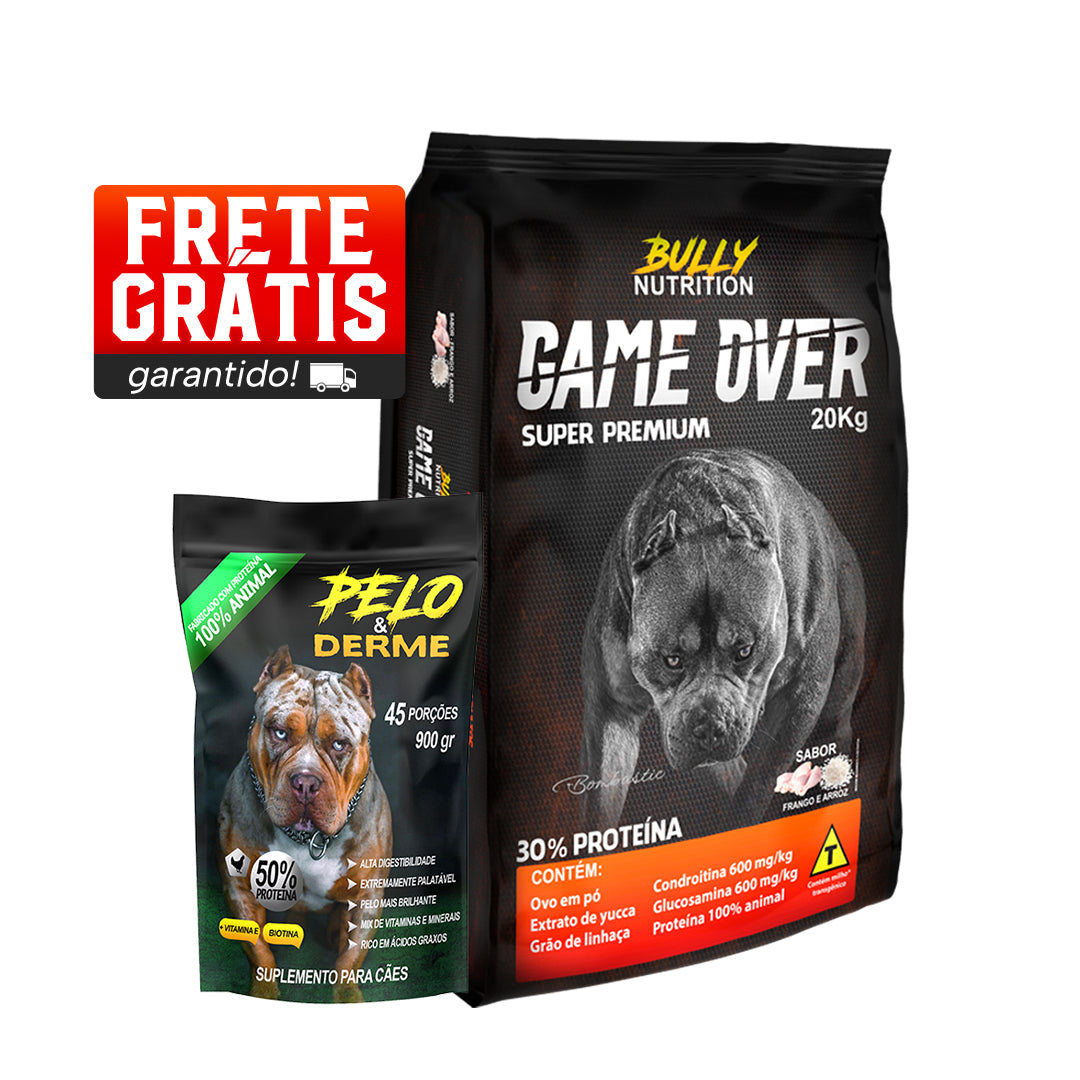 Ração Game Over + Suplemento Pelo & Derme 900g Cachorro Forte